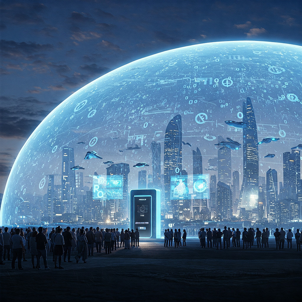 Futuristic cityscape behind a digital paywall barrier